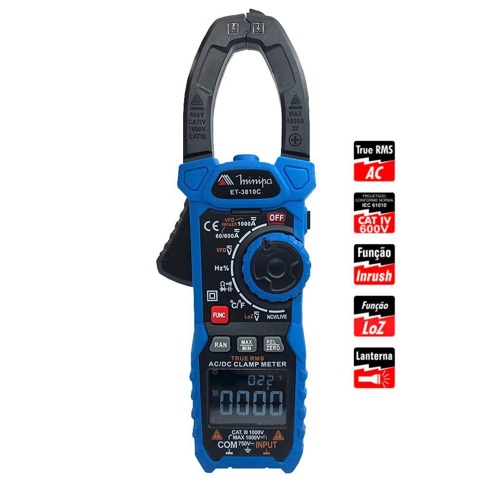 Alicate Amperímetro Digital Minipa ET-3810C - 1.000A AC e DC