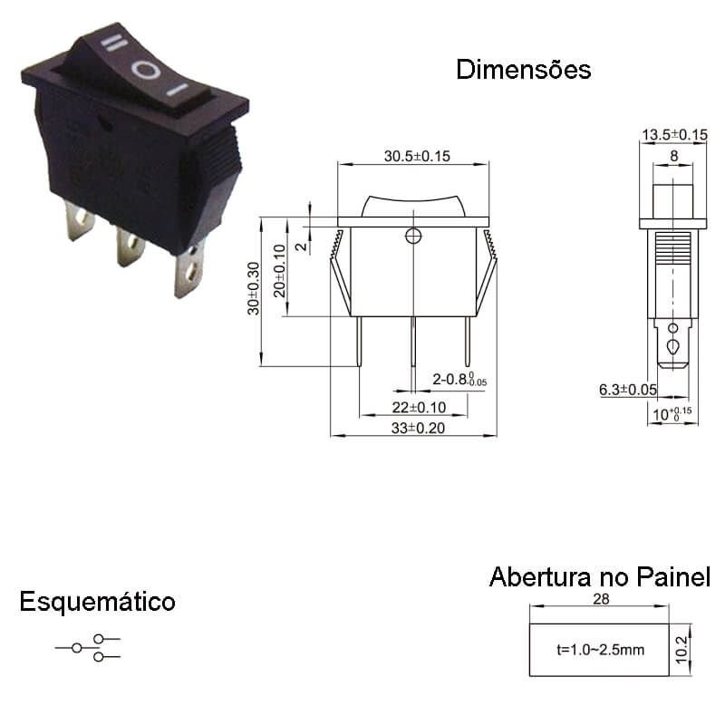 Chave Gangorra KCD3-103 Preta | 3 Posições | 3T 15A/20A 250V